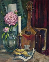 Decorative still life with a candle in a candlestick standing on a table on a piece of an old newspaper next to a peony branch and a mandoline. Picture for the interior. Oil painting on canvas.