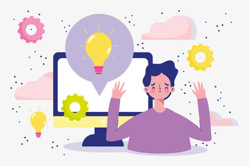meeting online, young man and computer talk creativity design