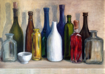 Decorative still life with multi-colored glass bottles lined up on a table. Oil painting on canvas.