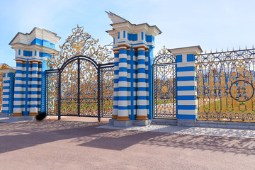 Russia, St. Petersburg, April 19, 2020, Golden Gate in the Catherine Park in the city of Pushkin in...