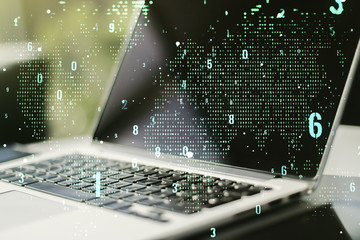 Abstract creative coding illustration with world map on modern computer background, international software development concept. Multiexposure
