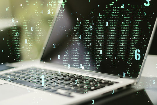 Abstract creative coding illustration with world map on modern computer background, international software development concept. Multiexposure