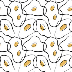 Vector seamless pattern scrambled eggs in the style of doodle, cartoon, minimalism, trend. Food, breakfast, proper nutrition, vegetarian. Use as wallpaper, wrapping paper, textile, clothing,  design, 