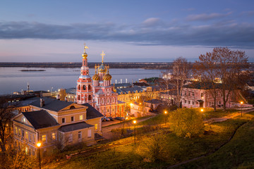 Church of the Cathedral of the Blessed Virgin in Nizhny Novgorod on the background of a beautiful sunset in autumn