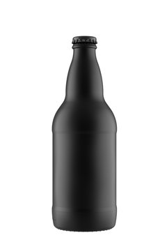 All Black 12 oz (11 oz) or 355 ml (330 ml) Matte Heritage Beer Bottle. 3D Render Isolated on White.