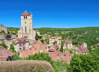 Landscape view of the old town of Saint-Cirq-Lapopie, one of the most beautiful villages in France (Les Plus Beaux Villages de France), Lot River valley, Causses du Quercy Natural Park