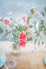 Little red carnation flowers on the pastel background