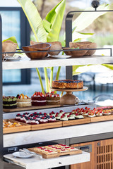 Close up of different types of cakes in a buffet stand