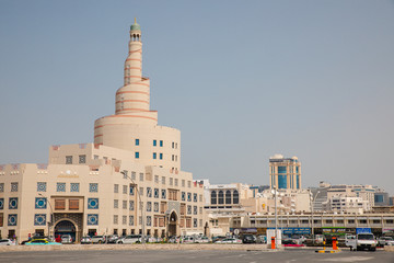 Doha, Qatar - March 2, 2020: View on Al Fanar spiral tower of Abdullah Bin Zaid Al Mahmoud Islamic...