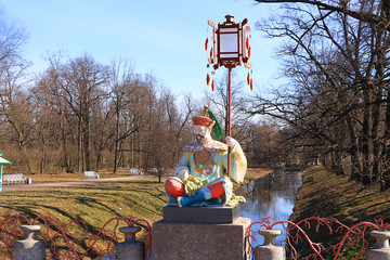 Russia, St. Petersburg, April 19, 2020, Chinese bridge in Alexander Park in the city of Pushkin in...
