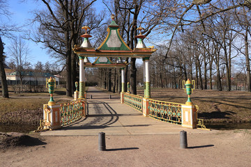 Russia, St. Petersburg, April 19, 2020, Chinese bridge in Alexander Park in the city of Pushkin in...