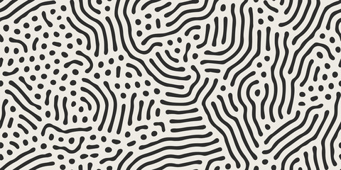 Vector seamless black and white organic lines pattern. Abstract minimalistic maze background