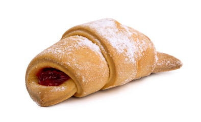 Tasty bagels with strawberry jam and sugar powder isolated on white background, close up.