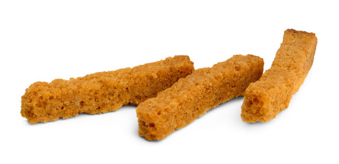 Three toast brown bread crumbs isolated on white background. Mock up for packaging, close up.