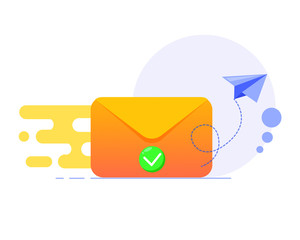 Email sent concept. Email marketing campaign. New email message. Envelope flying modern icon with green check mark icon 