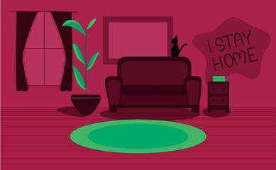 modern living room interior illustration stay at home comfy living room for quarantine with a cat silhouette 