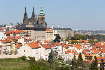 Naklejka premium Spring Prague City with gothic Castle and the green Nature and flowering Trees from the Hill Petrin, Czech Republic
