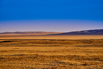 Panoramic view: beautiful spring landscape: spring huge great steppe wakes up from winter sleep - snow and ice just melted, sunset, Kazakhstan