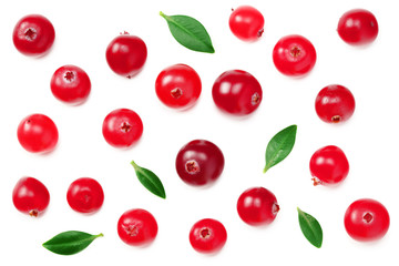 Cranberry with green leaves isolated on white background. top view