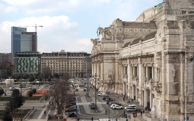 Facade of the Milan Central railway station. Benito Mussolini wanted the station to represent the...