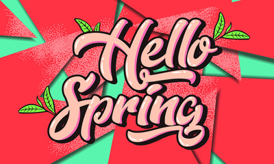 Hello spring poster on abstract background.Bright and colorful letters.The mood of freshness and sweets