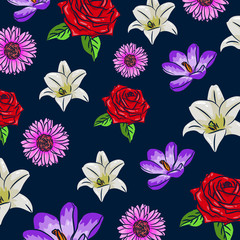 Pattern of various flowers on a dark blue background. Pattern of 4 flowers. Spring mood. Background from colorful flora elements.