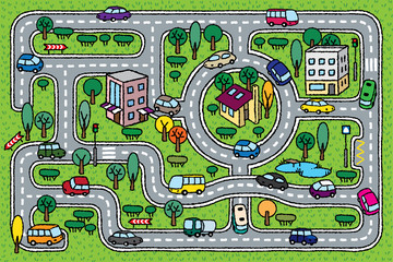 City pattern. Roads, cars, grass areas background