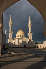 Beautiful white mosque in the city of Bolgar on the background of a beautiful gloomy sky