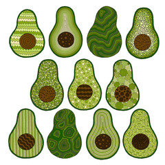 Set of illustrations avocado.  Doodle detailed illustration. Isolated.