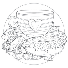 Cup of tea with a donut, macaroon, raspberries, mint and cherry.Coloring book anti stress for children and adults. Illustration isolated on white background.Zen-tangle style. Black and white drawing