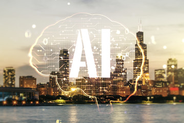 Virtual creative artificial Intelligence hologram with human brain sketch on Chicago cityscape background. Double exposure