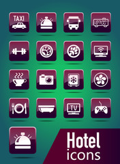 16 icons for the hotel, made in vector white and burgundy color.Can Be Used For Web, Mobile, UI And Infographic Design