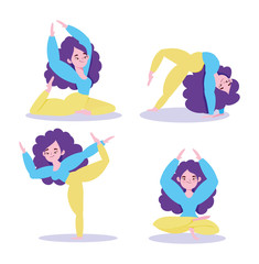 online yoga, woman figures doing yoga exercises cartoon