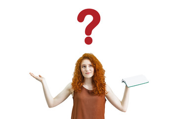 A Studio portrait of a sweet, puzzled, indecisive young woman shrugs, not understanding what happened. A rather attractive woman doubts in isolation on a white background