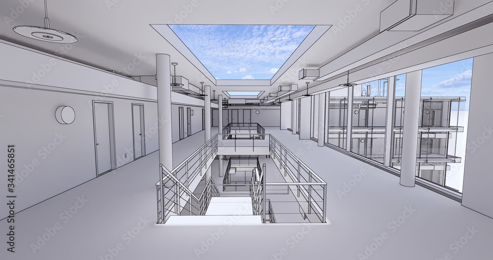 Poster concept visualization empty public space of business centre