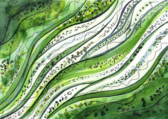 Abstract artistic background with the image of green and blue stains, lines, circles and dots. The illustration is drawn in watercolor by hands. © Taola