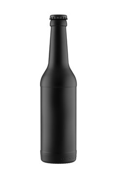 Matte Black 12 oz Beer or Water Bottle. 3D Render Isolated on White Background.