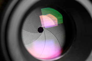 Photography concept. Close up, Diaphragm of a camera lens. Selective focus with shallow depth of field . 