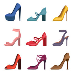 Different colorful women shoes set. High heels stiletto womens shoe collection. Fashion footwear for girls.
