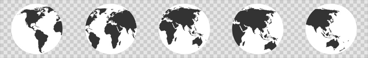 
World map globe. Earth globe collection. Black earth globes icons. Vector illustration