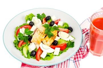Lettuce, egg, fish, juice. Healthy eating. Photo