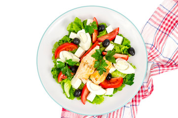 Lettuce, egg, fish, juice. Healthy eating. Photo