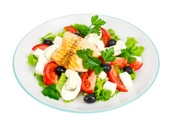 Lettuce, egg, fish, juice. Healthy eating. Photo