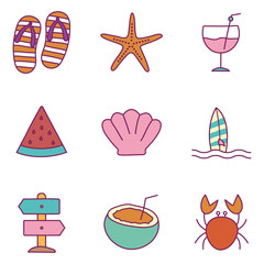 Summer line and fill style icon set vector design