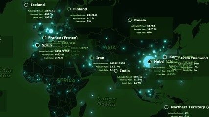 Covid 19 corona virus pandemic alert tablet on futuristic world map with azure colored infected cities on black mainlands and green oceans. Epidemic concept animated background 3d rendering 4K video. - Powered by Adobe