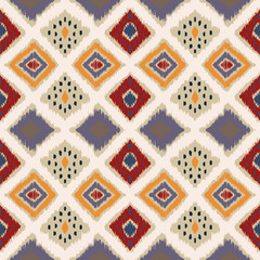 Ikat seamless pattern. Border with snowflakes. Openwork lace. New year Christmas background. Vector tie dye shibori print with stripes and chevron. Ink textured japanese background. Bohemian fashion. 