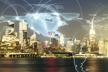 Double exposure of abstract digital world map hologram with connections on Manhattan office buildings background, big data and blockchain concept