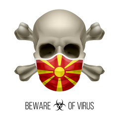 Human Skull with Crossbones and Surgical Mask in the Color of National Flag Macedonia. Mask in Form of the Macedonian Flag and Skull as Concept of Dire Warning that the Viral Disease Can be Fatal