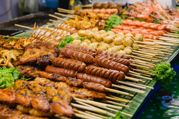 Fish and meat mix barbeque close up