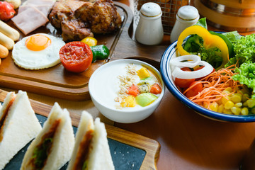 Close up breakfast with porridge at table